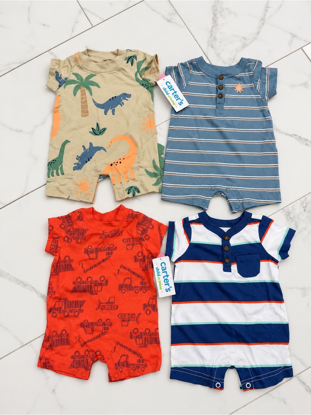 Carter's Baby Boys' 4-Pack Short-Sleeve Rompers - Blue, Tan, Red, Navy Stripes